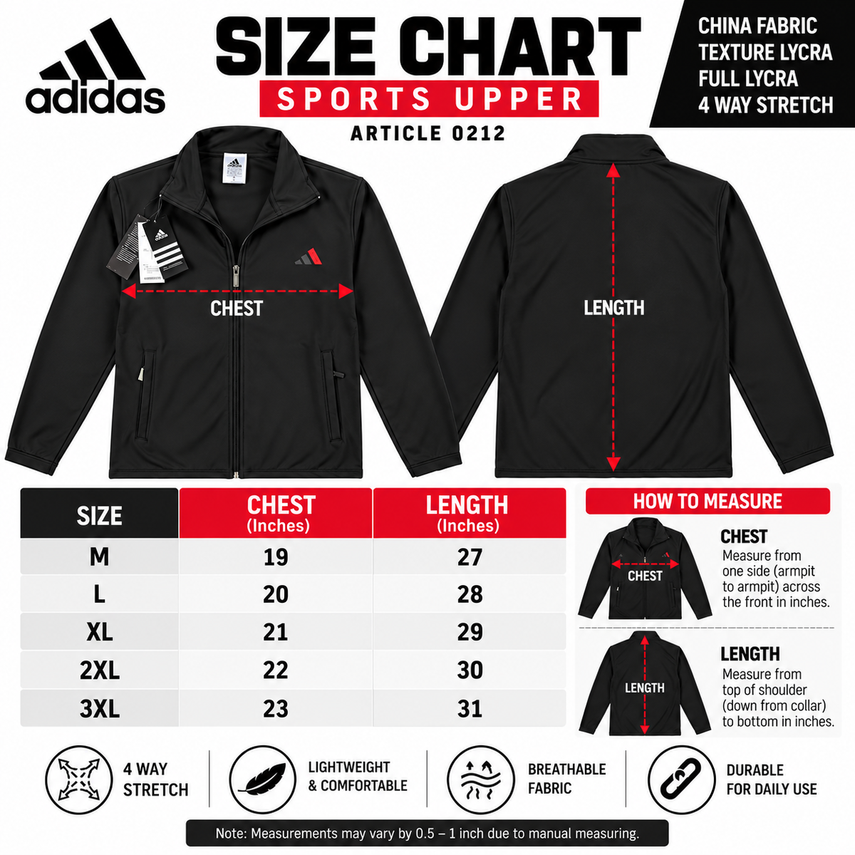 SEO Shopify Product Title:  Adidas Style Black Lycra Track Jacket – 4 Way Stretch Sports Upper | HR Sports